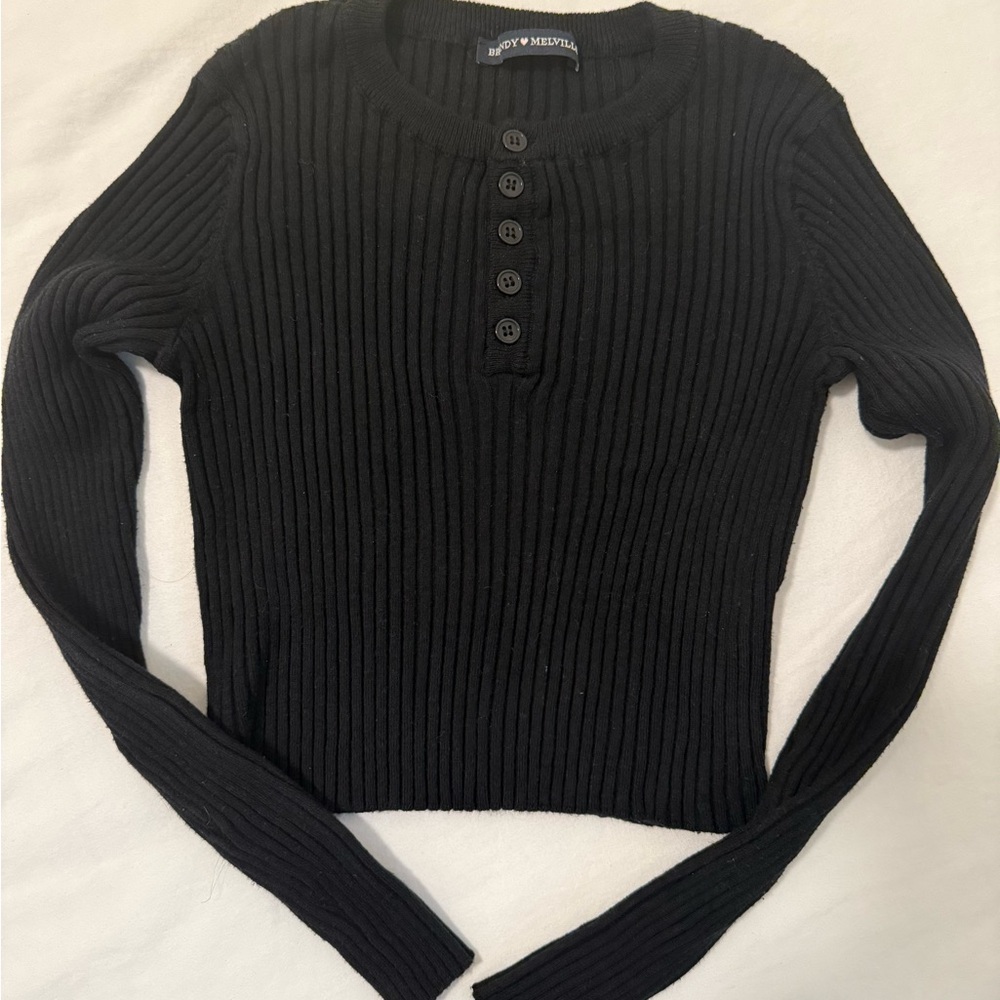Brandy Melville Black Ribbed Button-Up Top